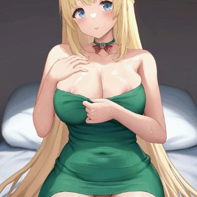 sayika, bangs, bare shoulders, blue eyes, blush, bouncing breasts, breasts, breasts out, clothes pull, collarbone, dress, dress pull, female, green dress, large breasts