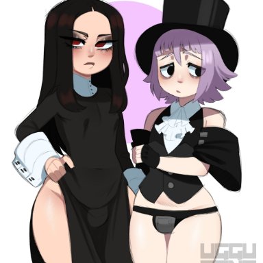 guilty gear, soul eater, crona (soul eater), testament (guilty gear), uggu bang, ambiguous gender, black hair, blush, bulge, embarrassed, long hair, nun, nun's habit, penis bulge, pink hair