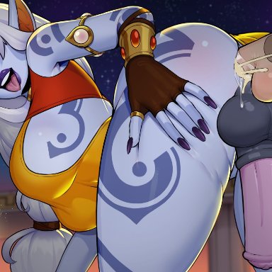 league of legends, soraka, xinaelle, 1boy, 1futa, ahe gao, anal, anal sex, animal genitalia, animal penis, ass, athletic futanari, backsack, backside, balls