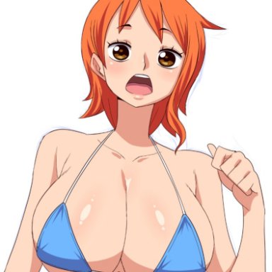 one piece, nami, simmsy, 1girls, bare shoulders, big breasts, bikini, breasts, cleavage, female, female focus, female only, front view, huge breasts, human
