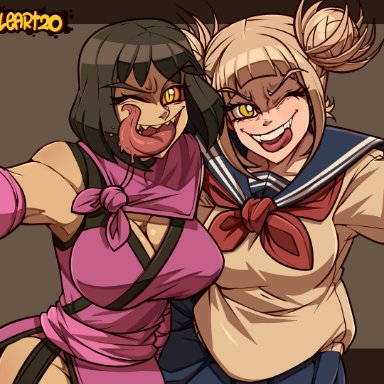 mortal kombat, my hero academia, himiko toga, mileena, castleart, big breast, blonde hair, breast, dark hair, fangs, female, female/female, female only, hugging, light skin