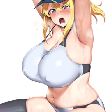 fate/grand order, fate (series), artoria pendragon, hakai shin, armpits, blonde hair, blue eyes, blush, breasts, cap, chubby, hat, huge breasts, plump, ponytail