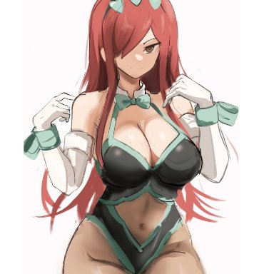 fairy tail, erza scarlet, rakeemspoon, 1girls, breasts, bunny ears, bunny girl, bunnysuit, cleavage, female, female only, hair over one eye, hips, large breasts, leotard