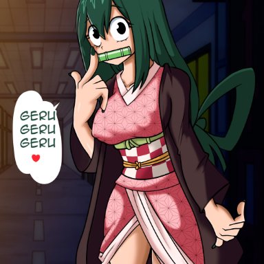 demon slayer, kimetsu no yaiba, my hero academia, tsuyu asui, belmont, 1girls, alternate costume, breasts, cosplay, green hair, kamado nezuko (cosplay), kimono, long hair, looking at viewer, medium breasts