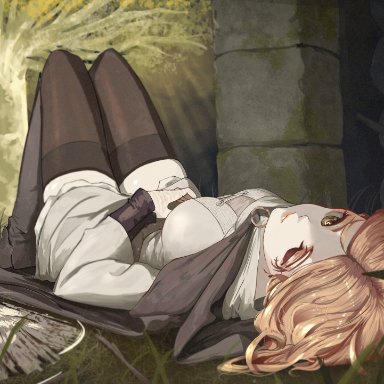 elden ring, fromsoftware, erdtree, melina (elden ring), nature san light, 1girls, clothing, female, female only, site of grace, stake of marika, stockings, tight clothing, tight fit, 2d