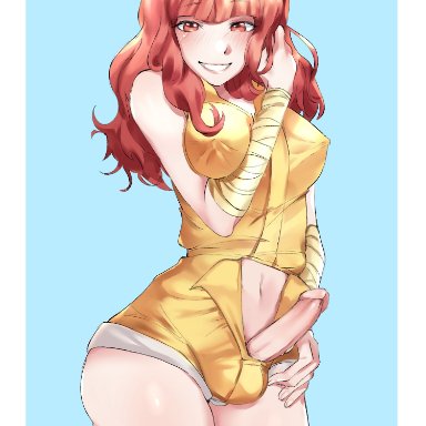 fire emblem, fire emblem heroes, nintendo, celica (fire emblem), nei019, 1futa, absolute territory, alternate costume, aroused, balls, balls under clothes, bandage, belly button, booty shorts, breasts