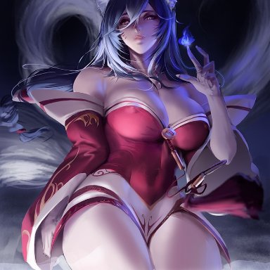 league of legends, riot games, ahri, sjl, 1girls, 9 tails, animal ear fluff, animal ears, animal girl, animal humanoid, areolae, areolae visible through clothing, bare hips, bare legs, bare shoulders