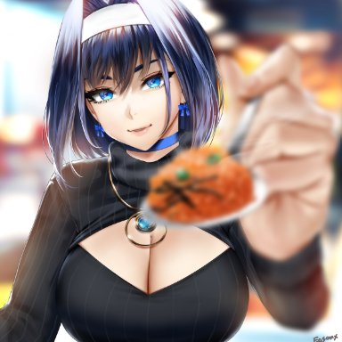 hololive, hololive english, ouro kronii, easonx, bangs, black sweater, blue choker, blue eyes, blue hair, blurry, blurry background, blurry foreground, bow, bow earrings, breasts