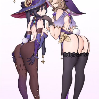 genshin impact, lisa (genshin impact), mona (genshin impact), lamsass, 2girls, ass, big breasts, breasts, bunny tail, butt, eye contact, female, female only, hat, legwear