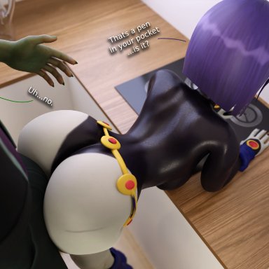 dc, dc comics, teen titans, beast boy, garfield logan, rachel roth, raven, smitty34, bending over, bulge, dat ass, goth, goth girl, green skin, grinding