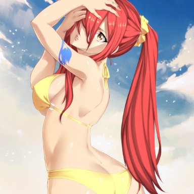 fairy tail, erza scarlet, stayaliveplz, 1girls, alternate hairstyle, arm tattoo, ass, big ass, bikini, brown eyes, butt crack, female, female only, from behind, hair over one eye