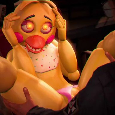 five nights at freddy's, five nights at freddy's 2, toy chica (fnaf), froggysfm, 1boy, 1boy1girl, 1female, 1girl, 1girls, animatronic, artificial vagina, exposed pussy, human on robot, missionary position, pleasure face