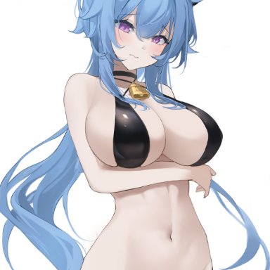 genshin impact, ganyu (genshin impact), 1girls, arm under breasts, belly, bikini, black bikini, black choker, blue hair, bra, cowbell, embarrassed, groin, haku (liiixixixiii), horn