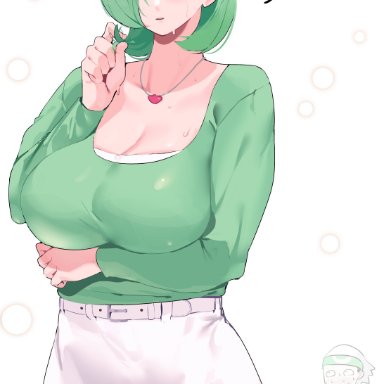 nintendo, pokemon, pokemon rse, brendan (pokemon), gardevoir, pok&#233;mon (species), okpriko, 1boy, 1girls, beanie, blush, breast hold, breasts, cleavage, clothed