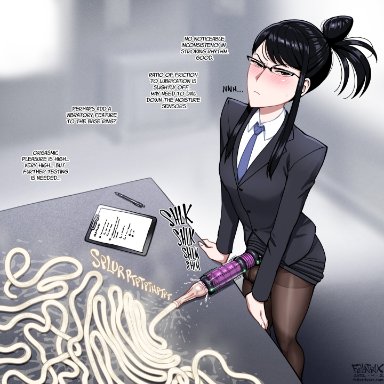 original, reiko (fellatrix), fellatrix, 1futa, balls in pantyhose, black hair, blush, clipboard, counter, cum, cum string, cumming, cumshot, eyebrows, eyelashes