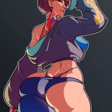 street fighter, chun-li, svenners, 1girls, alternate costume, ass, ass cleavage, breasts, butt crack, clothed, cropped hoodie, double bun, earrings, female, from behind