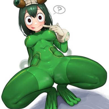 my hero academia, tsuyu asui, tungsten (kwfr4544), 1girls, ?, bodysuit, breasts, cameltoe, eye contact, female, green hair, hero outfit(mha), long hair, looking at viewer, skin tight