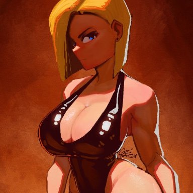 dragon ball, dragon ball z, android 18, crimson kaiserin, 1girls, big breasts, blonde hair, blue eyes, breasts, female, female only, large breasts, looking at viewer, short hair, solo