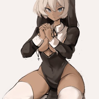 nintendo, pokemon, pokemon ss, bea (pokemon), rakeemspoon, 1girls, breasts, eye contact, female, female focus, female only, grey hair, legwear, looking at viewer, nun