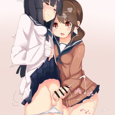 kantai collection, hatsuyuki (kantai collection), shirayuki (kantai collection), analog kenshi (moto), 1futa, 1girls, black hair, brown eyes, brown hair, clothes lift, cum, ejaculation, erection, female, fully clothed
