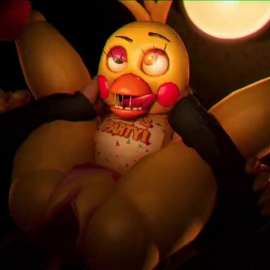 five nights at freddy's, five nights at freddy's 2, toy chica (fnaf), froggysfm, 1boy1girl, ahe gao, animatronic, artificial vagina, full nelson, large ass, large penis, pleasure face, pussy, 3d, animated