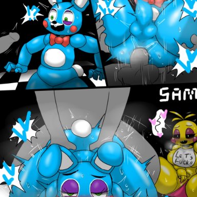 five nights at freddy's, five nights at freddy's 2, scottgames, toy bonnie (fnaf), toy chica (fnaf), enigi09, ?!, anal, anal sex, animatronic, anthro, anthro penetrated, balls, blush, doggy style