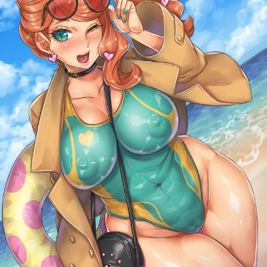 nintendo, pokemon, pokemon ss, sonia (pokemon), momofuki rio, 1girls, alternate costume, beach, choker, clothing, cloud, curvaceous, curves, curvy body, curvy female