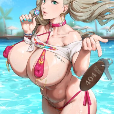 atlus, persona, persona 5, sega, ann takamaki, kunaboto, 1girls, areolae, bikini, blonde hair, blue eyes, body markings, body writing, breasts, erect nipples