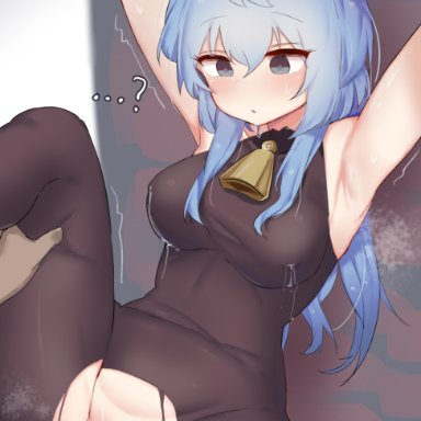 genshin impact, ganyu (genshin impact), rkwowlqrp, 1girls, ?, ahoge, armpits, arms up, bangs, bell, black legwear, blue eyes, blue hair, blush, bodystocking