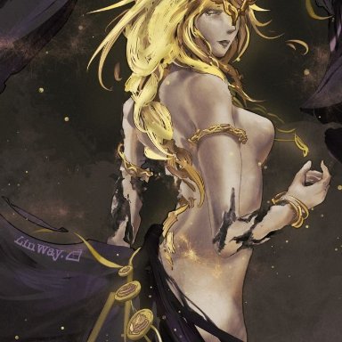 elden ring, fromsoftware, queen marika the eternal, linway, 1girls, ass, bare shoulders, blonde hair, braid, breasts, female, female only, milf, nude, tasteful nudity