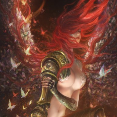 elden ring, fromsoftware, malenia blade of miquella, unknown artist, 1girls, abs, breasts, female, female only, light-skinned female, long hair, nude, prosthetic arm, red hair, wings