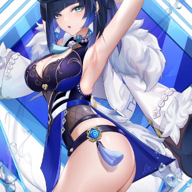 genshin impact, yelan (genshin impact), liu liaoliao, 1girls, arched back, armpits, arms up, ass, bangs, bare legs, big breasts, blue hair, blush, bodysuit, boob window