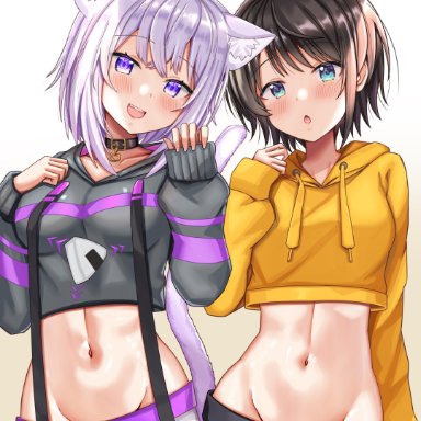 hololive, nekomata okayu, oozora subaru, nootomo, 2girls, :d, :o, ahoge, animal collar, animal ear fluff, animal ears, bangs, black collar, black hoodie, black shorts