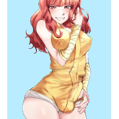 fire emblem, fire emblem heroes, nintendo, celica (fire emblem), nei019, 1futa, absolute territory, alternate costume, aroused, balls, balls under clothes, bandage, booty shorts, breasts, bulge