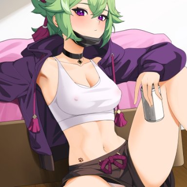 genshin impact, kuki shinobu, ett, bedroom, breasts, cameltoe, choker, erect nipples, erect nipples under clothes, female, female only, green hair, jacket, midriff, navel