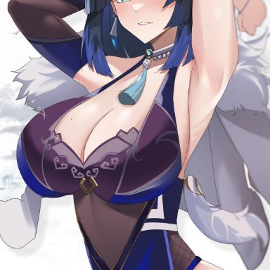 genshin impact, yelan (genshin impact), musicatopos, 1girls, abs, armpits, arms up, bangs, big breasts, blue hair, blush, bodysuit, boob window, breasts, cleavage