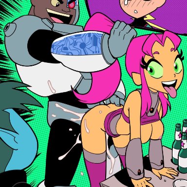 cartoon network, dc, teen titans, teen titans go, beast boy, cyborg (dc), dick grayson, garfield logan, koriand'r, robin (dc), starfire, victor stone, tekuho, cuckold, cum in pussy