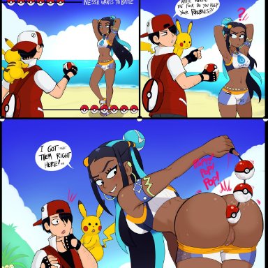 pokemon, pokemon ss, nessa (pokemon), pikachu, shadman, 1boy, 1girls, anal beads, anal beads pull, anal juice, anal masturbation, anus, ass, beach, bent over