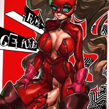 megami tensei, persona, persona 5, ann takamaki, payaazz, 1futa, balls, big breasts, blonde hair, breasts, cleavage, clothed, clothing, cock sleeve (clothes), erection