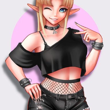 a link between worlds, nintendo, the legend of zelda, princess zelda, zelda (a link between worlds), jackary draws, 1girls, black nail polish, blonde hair, blue eyes, collar, female, female only, fishnet pantyhose, fishnets