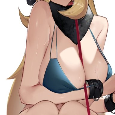 pokemon, pokemon dppt, cynthia (pokemon), lucario, lucario (cosplay), pokemon (cosplay), yuuyuu (yuuki1771), bikini, blonde hair, blush, collar, grey eyes, leash, sweat