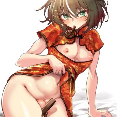 monark, shinya yuda, prprlo, 1boy, arm support, balls, bed, bed sheet, belly, blush, china dress, chocolate, crossdressing, dress, eye contact