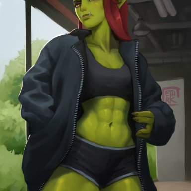 ethrk, 1girls, abs, fangs, female, female only, green skin, hoodie, indoors, long hair, looking at viewer, narrowed eyes, orange eyes, orc, orc female