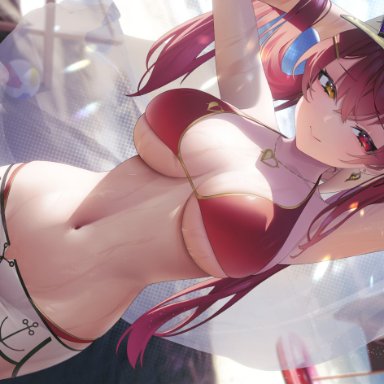 hololive, houshou marine, lezon re, 1girls, armpits, arms behind head, arms up, bikini, booty shorts, breasts, detailed background, earrings, female, female only, hat