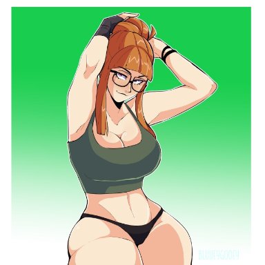 persona, persona 5, sakura futaba, bluueygooey, 1girls, bare thighs, black panties, breasts, cleavage, curvy, female, female only, glasses, large breasts, looking at viewer