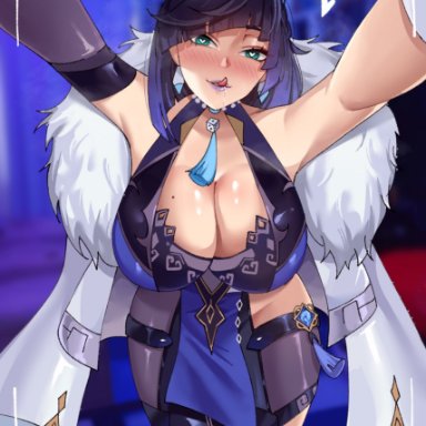 genshin impact, yelan (genshin impact), mituee, 1girls, big breasts, blue hair, cleavage, curvy, female, female only, green eyes, heart-shaped pupils, large breasts, lipstick, looking at viewer