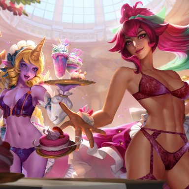 cafe cuties series, league of legends, cafe cutie sivir, cafe cutie soraka, sivir, soraka, richtofen, 2girls, abs, athletic, big breasts, blonde hair, bra, breasts, cafe