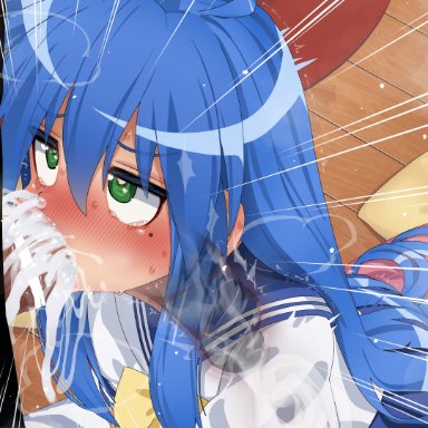 lucky star, konata izumi, mizumizuni, 1boy, 1girls, big penis, blowjob, blue hair, blush, cum, cum in mouth, cum in throat, cum inside, cum out nose, cute