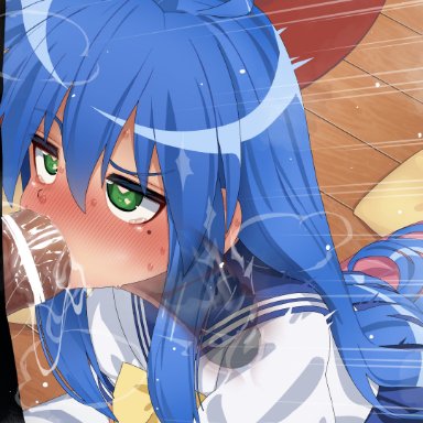 lucky star, konata izumi, mizumizuni, 1boy, 1girls, big penis, blowjob, blue hair, blush, cute, deepthroat, deepthroat no hands, fellatio, green eyes, hands-free