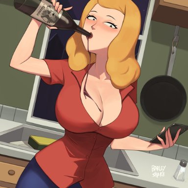 rick and morty, beth smith, 1female, big ass, big breasts, big butt, blonde hair, drinking, female, female only, hourglass figure, huge ass, huge breasts, milf, night